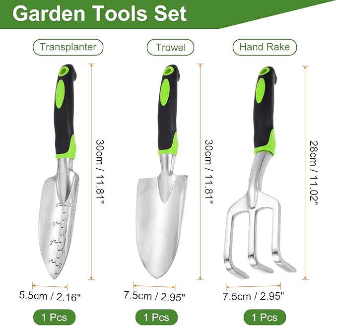 HARFINGTON 3pcs Garden Tools Set Metal Garden Hand Shovels and Hand Rake Tools Kit for Gardening Planting Weeding, Green