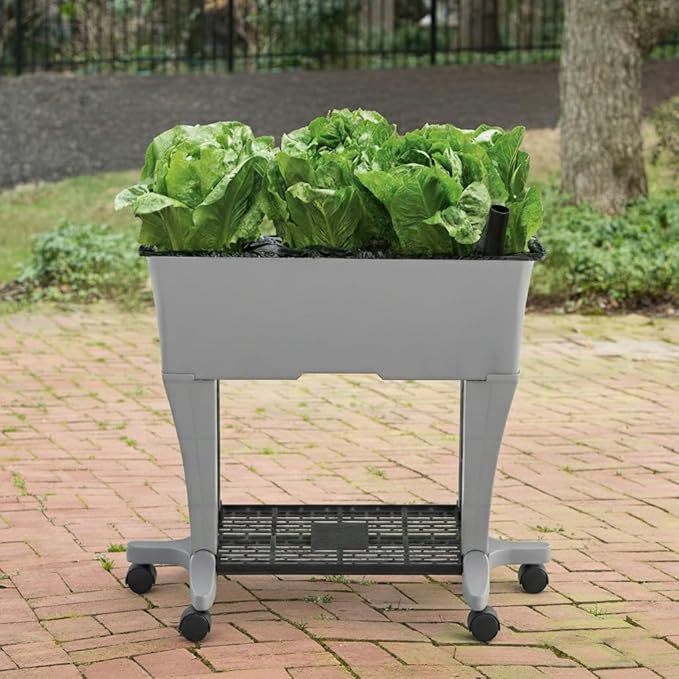 EarthBox Raised Garden Bed with Legs – Elevated Self Watering Planter Box with Wheels, Storage Shelf, Premium Plant Food, Easy Assembly, Made in USA, Gray