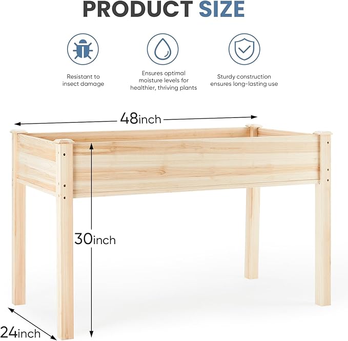 DUMOS Raised Garden Bed with Legs, 48x24x30in Wood Elevated Planter Box w/Bed Liner for Herbs Flowers Vegetables, 300lbs Capacity Outdoor Gardening Planters for Patio Balcony Backyard, Soft Wood