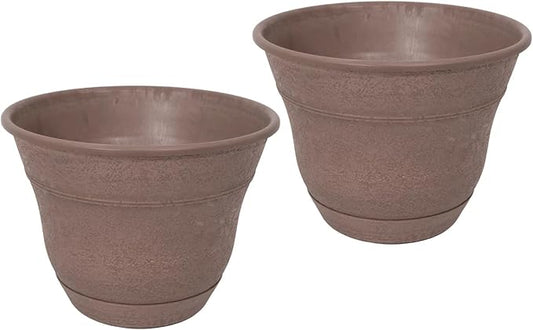 Bernini FirmaStone 15" Self-Watering Planters, Set of 2 – Durable Indoor/Outdoor Pots with Drainage Plug & Built-in Reservoir – Lightweight Garden Planters for Patio, Porch, Balcony (Light Brown)