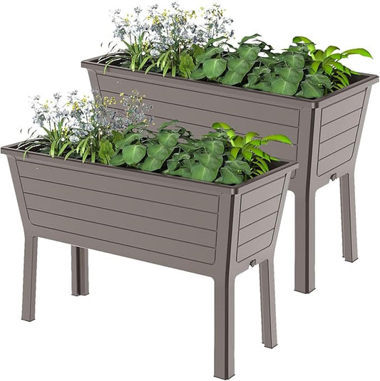 Raised Garden Bed with Wheels Resin Sturdy Planter Waterproof UV-Resistant Outdoor for Flowers Vegetables Herbs in Backyard Patio (2, Grey)