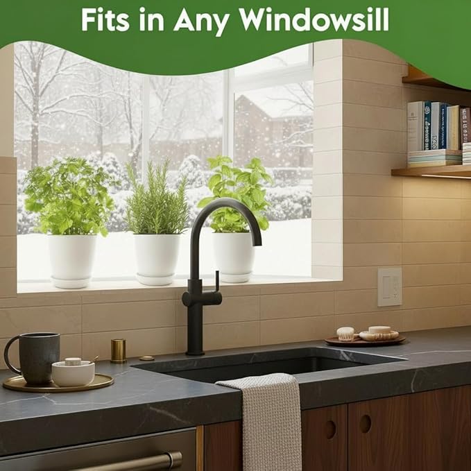 Indoor Garden Kit - Plant Pots with Drainage, Watering Can & Tools - Ideal Windowsill Planter Set - Modern Home & Kitchen Decor Gift - White