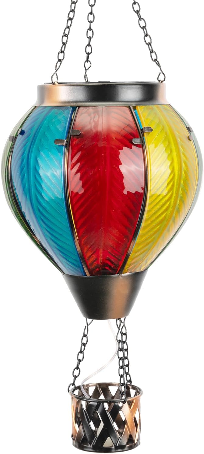 Larekook Solar Hot Air Balloon Lantern with Flickering Flame Light,Glass Hanging Garden Decor Hot Air Balloon Solar Lantern Outdoor Waterproof for Yard Patio Porch Lawn(Rainbow)
