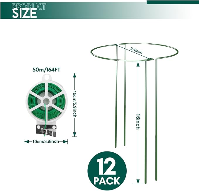 LKSSZS 12 Pack Garden Plant Support Stakes, Half Round Peony Cages and Supports, Metal Garden Support Ring, Border Support for Outdoor Indoor Plants, Peony, Hydrangea,Tomato, Monstera