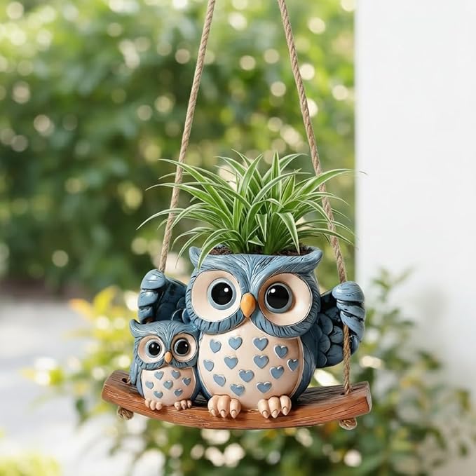 Swing Owl Hanging Planter for Indoor Plants, Cute Small Succulent Pot with Drainage Hole, Unique Resin Hanging Plant Hangers for Outdoor Decor, Plant Holder for String of Pearls, Gift Ideas for Mom