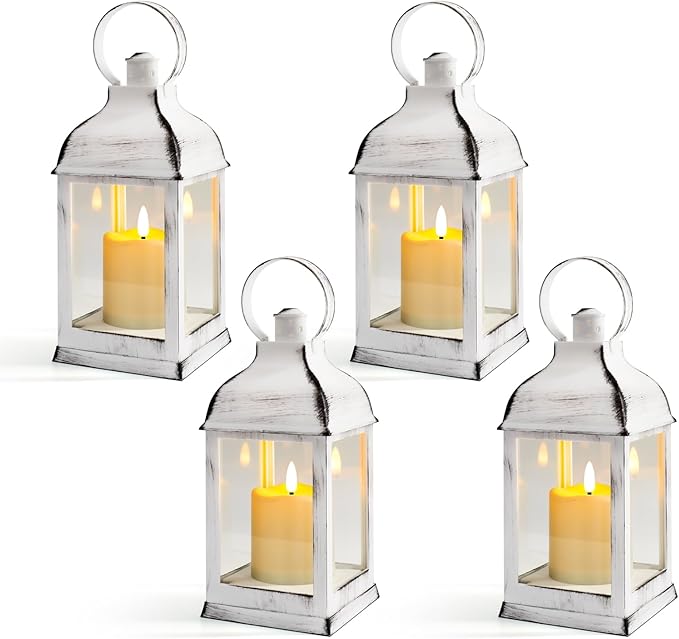 Yongmao White Vintage Lantern Decorative LED Flickering Flameless Candle with Timer, Battery Powered LED Decorative Hanging Lanterns for Indoor Outdoor Wedding Garden Yard Home Decor(4 Pack)