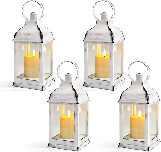 Yongmao White Vintage Lantern Decorative LED Flickering Flameless Candle with Timer, Battery Powered LED Decorative Hanging Lanterns for Indoor Outdoor Wedding Garden Yard Home Decor(4 Pack)
