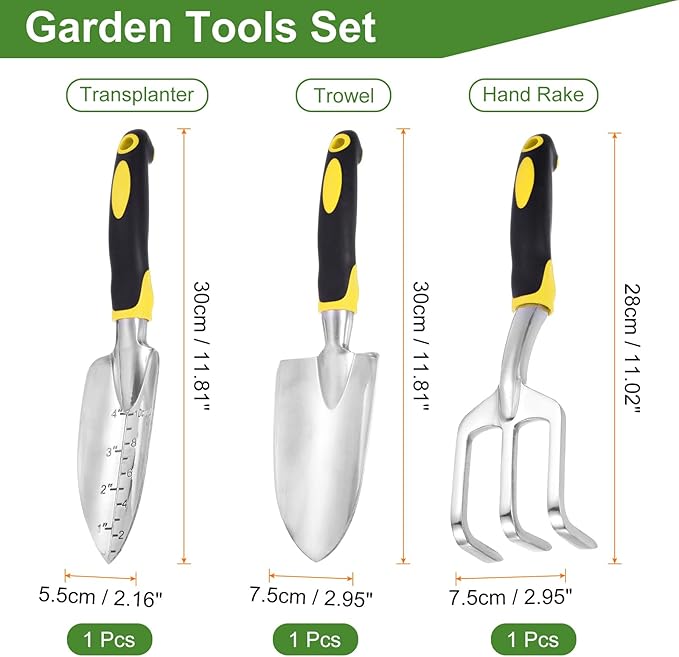 HARFINGTON 3pcs Garden Tools Set Metal Garden Hand Shovels and Hand Rake Tools Kit for Gardening Planting Weeding, Yellow