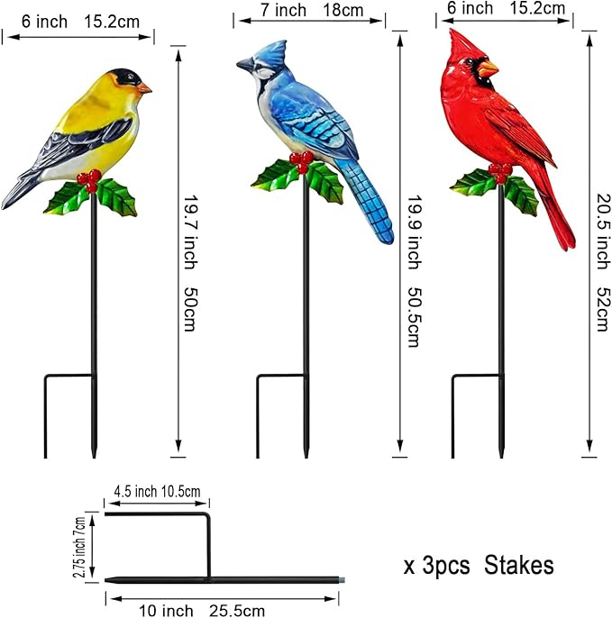 WAIU Metal Birds Garden Stakes 3 Pack Outdoor Lawn Ornaments, Garden Decor, Outside Decorations for Yard
