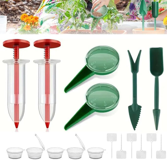 6 PCS Mini Seed Spreader Set, 2025 New Mini Sowing Seed Dispenser, Small Garden Seed Planter Tool, Hand held Manual Seed Spreader with Seedlings Dibber and Widger Set for Tiny Seeds