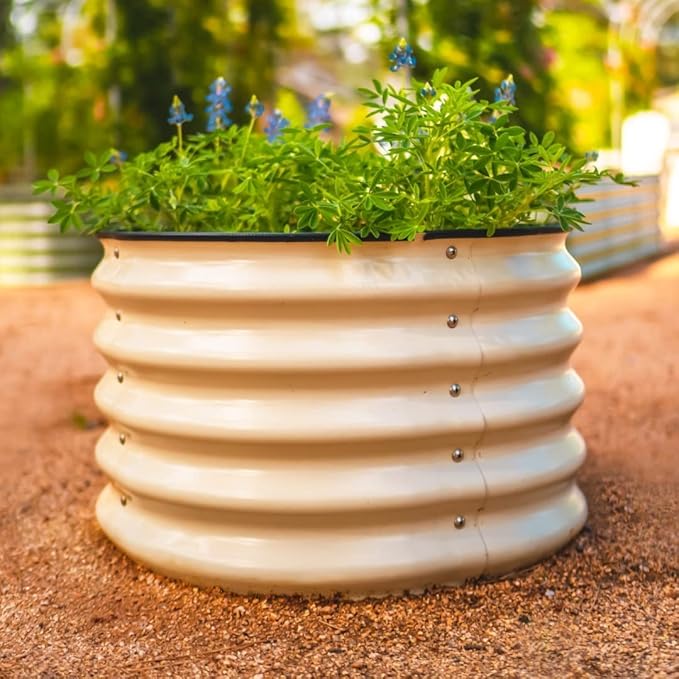 17" Tall Herb Raised Garden Bed for Basil Lavender Sages, 24" Wide Round Fruit Tomato Planter Box for Gardening Blueberries Figs, Flower Metal Pot Container for Rose, Twin Pack, Pearl White