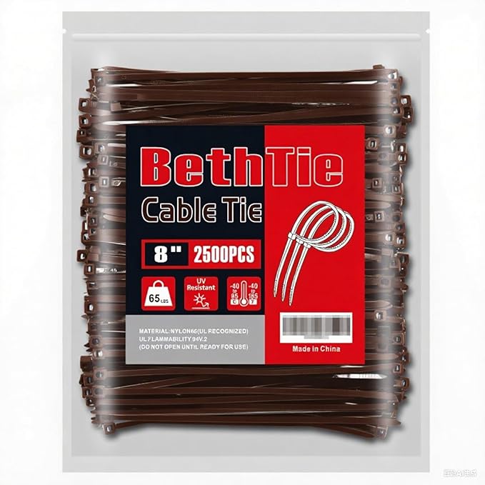 8 Inch Brown Zip Ties (2500 Pack), 65 LBS Tensile Strength, Self-Locking Nylon PA66 UV Resistant Cable Ties for Indoor and Outdoor Use