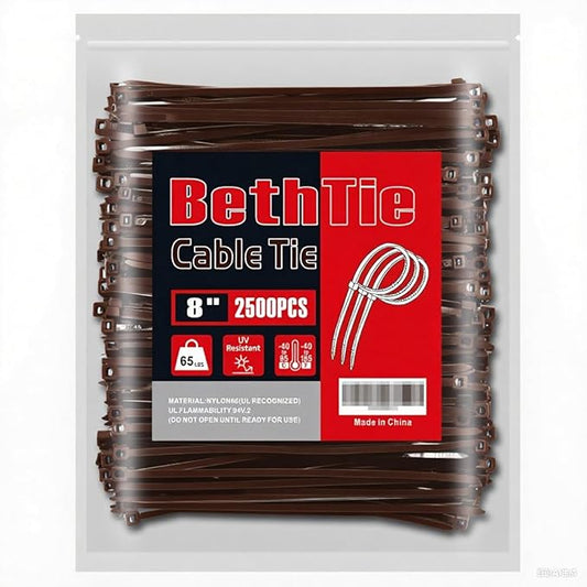 8 Inch Brown Zip Ties (2500 Pack), 65 LBS Tensile Strength, Self-Locking Nylon PA66 UV Resistant Cable Ties for Indoor and Outdoor Use