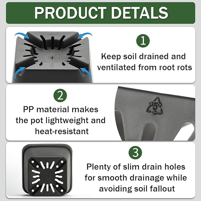 BTPLASTIK Square Nursery Pots 2.7 Inch 180 Pcs, Plastic Seed Starting Pot with Drainage Holes, Sturdy Seedling pots for Planting, Cuttings (Black)