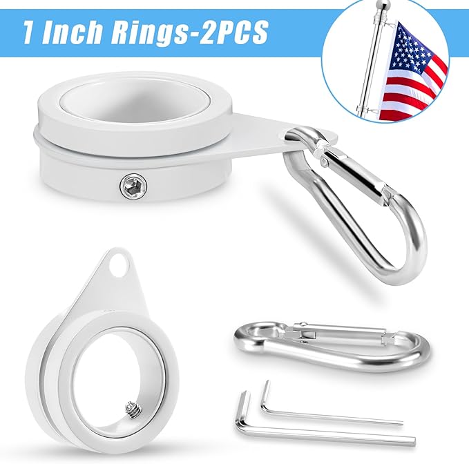 1" White Flag Pole Rings, 2 Pcs Anti Wrap Aluminum Alloy Flag Pole Clips Swivels, 360° Rotating Flagpole Flag Mounting Rings, Spinning Flag Pole Kit for 0.75-1.02" Diameter (Φ1, White)