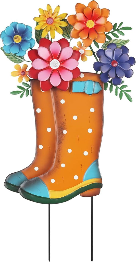 YEAHOME Garden Decor for Outside, 26” Decorative Garden Stakes Metal Boot with Flowers for Spring Decor, Yard Art Stakes for Outdoor Lawn Backyard Porch Pathway Garden Decorations