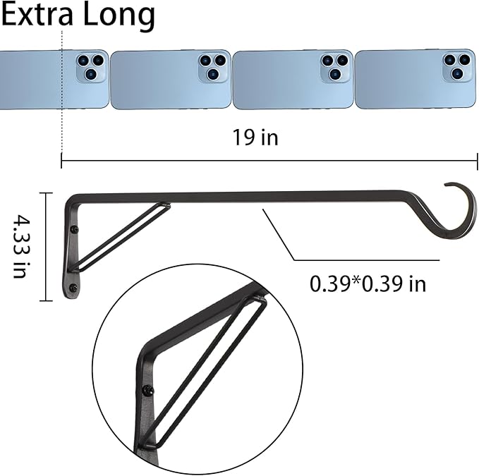 2 Pack Extra Long 19 Inch Heavy-Duty Rust-Resistant Solid Steel Plant Hangers and Bird Feeder Hangers for Indoor and Outdoor Decor, Wall Hooks