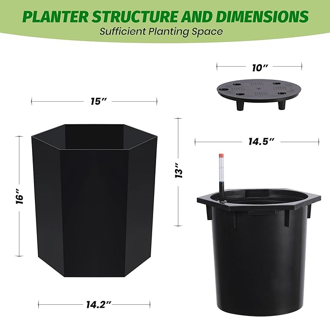 16" Tall Planters Set of 2, Large Outdoor & Indoor Self-Watering Pots with Water Level Monitor, Drainage Hole & Wheels, Planter Pots for Garden, Patio, Balcony, Lounge - Black