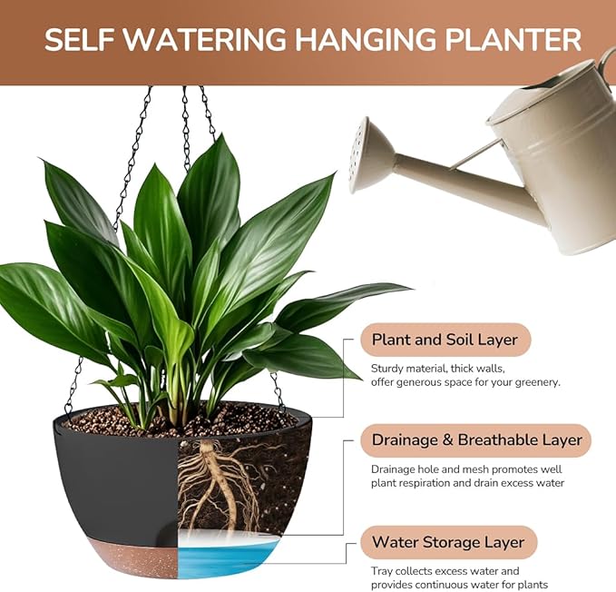 Set of 2-12 Inch Hanging Planter, Self-Watering Hanging Planters for Indoor Plants & Outdoor, Plant Hanger Indoor, Hanging Plant Pot with Drainage (Black)