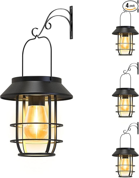 Solar Lanterns Outdoor Waterproof, High Brightness Hanging Solar Lights for Outside with Wall Hooks, Halloween Decor Retro Metal Outdoor Lanterns Auto On/Off for Patio, Yard Decor, Black,4Pack