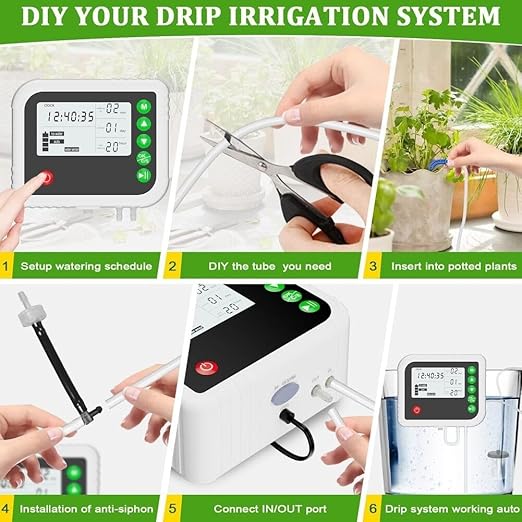 Automatic Plant Watering System with Timer, Adjustable Drip Irrigation Kit for Indoor and Outdoor Gardens and Greenhouses, Capacity 15 Pots
