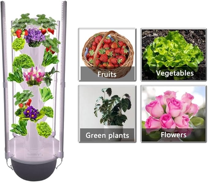GRETEGO G&GO Hydroponics Growing System Kit with LED Grow Lights, Aero Gardening System, Hydroponic Tower, 28 Net Pots, Tomato, Green Salad, Strawberry Tower for Your Indoor Vegetable Garden