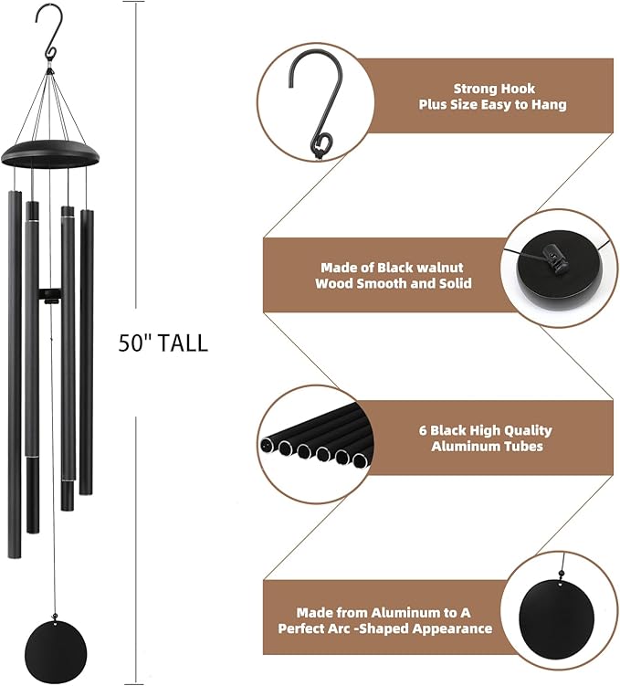 Wind-Chimes-Outdoor-Large-Decor, Deep Tone Soothing Melodic Tones Windchimes, Wind Chimes for Outside, Memorial Wind Chime Best Gift for Mom Women Grandma Neighbors（50" Black）