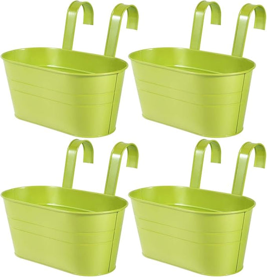 OBTANIM 4 Pack Metal Hanging Flower Pots Iron Railing Planter Outdoor Fence Hanging Pots Bucket Plant Holder with Detachable Hooks Drain Holes for Home Garden Yard Decor (Green)