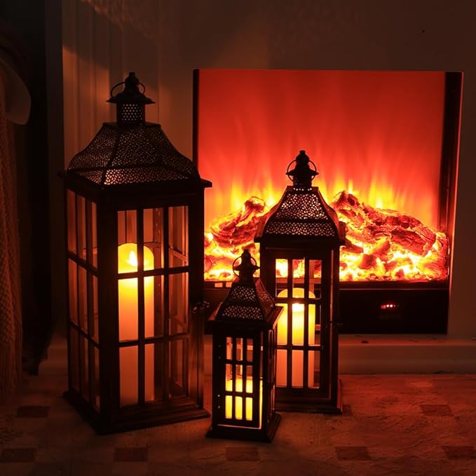 DECORKEY Large Farmhouse Wooden Metal Lantern Set of 3, 27''/22''/15'' H Rustic Decorative Indoor & Outdoor Hanging Candle Lanterns, Wooden Outdoor Lanterns for Patio Front Porch Table, Brown
