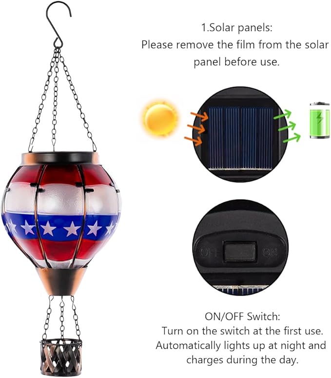 DREAMSOUL 2 PCS Flag Solar Hot Air Balloon Lantern with Flame, Hanging Waterproof Solar Lanterns Outdoor Waterproof Flag Day for Patio Garden Decor, Fourth of July Decorations