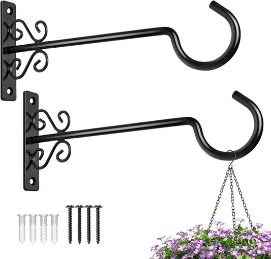 BOLITE Plant Hangers, 12 Inch Hanging Plant Brackets Outdoor or Indoor, Wall Hooks for Hanging Hummingbird Feeders, Bird Feeders, Planters, Lanterns, Wind Chimes, 2 Pack, Black, Gifts for Women Men