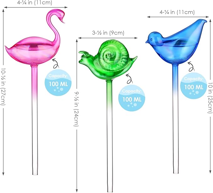 NiHome Spike Self-Watering Bulb 3PCS 10" Iridescent Pearl Hand-Blown Glass Globe Pot Plant Waterer Home Indoor Outdoor Garden Patio Hanging Flower Automatic Irrigation System (Swan, Snail & Bird)