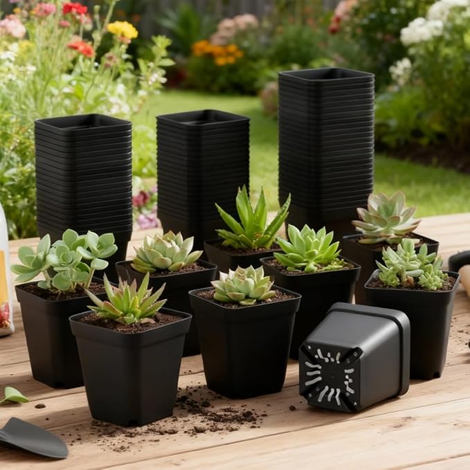 BTPLASTIK Square Nursery Pots 2.7 Inch 180 Pcs, Plastic Seed Starting Pot with Drainage Holes, Sturdy Seedling pots for Planting, Cuttings (Black)