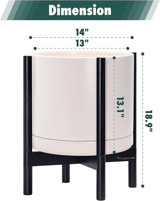 D'vine Dev Ceramic Planter with Ebony Stand - 14 Inch Modern Round Flower Pot with Wood Planter Holder, Oatmeal, 55-B-S-8