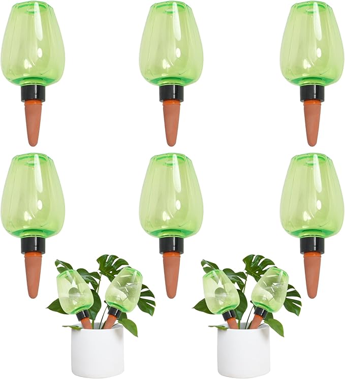 6pcs Plant Self Watering Globes, Plastic Water Bulbs Top Fill, 12.3 oz Plant Watering Devices System Slow Release Terracotta, Water Spikes Stakes for Indoor (Green-6pack)