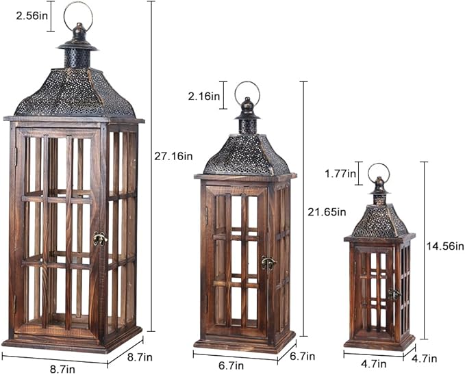 DECORKEY Large Farmhouse Wooden Metal Lantern Set of 3, 27''/22''/15'' H Rustic Decorative Indoor & Outdoor Hanging Candle Lanterns, Wooden Outdoor Lanterns for Patio Front Porch Table, Brown