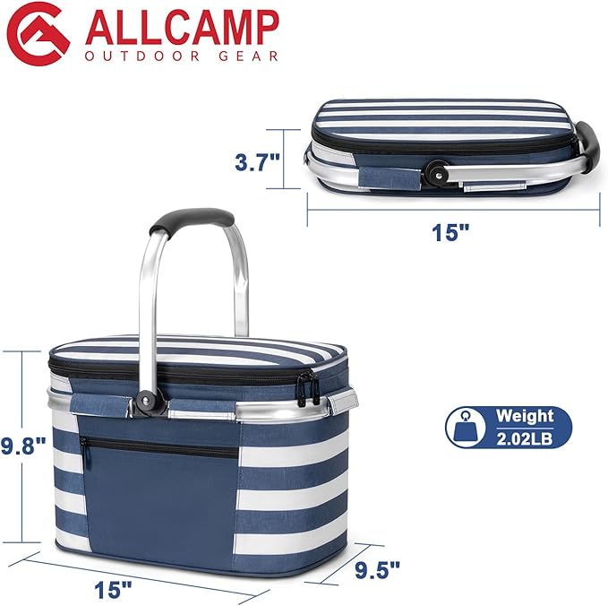 ALLCAMP Picnic Basket - Insulated Cooler, Thickening Foldable Picnic Basket with Removable Baskets & Sewn-in Frame, Basket for House Warming Gifts New Home(Blue White)