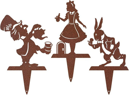 Alice in Wonderland Garden Stakes – Set of 3 | RealSteel Original Outdoor Yard Art Featuring Alice, White Rabbit & Mad Hatter | Rust-Resistant, American-Made Metal Décor | Rust Finish