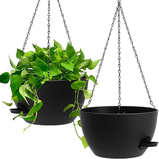 13 Inch 2 Pack Large Self Watering Hanging Planters for Indoor Outdoor Plants, Hanging Plant Pots with Removable 50 Oz Reservoir, Plastic Hanging Basket for Window Porch Garden Balcony, Black