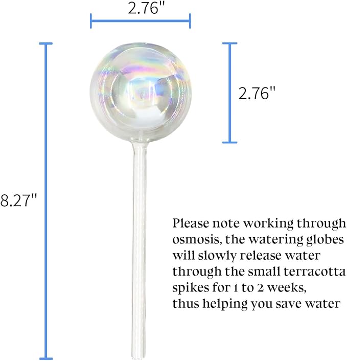 Non-Clogging Iridescent 2 Pack Ball Plant Watering Globes with Terracotta Spikes, Hand Blown Glass Self Watering Planter Insert Plant Watering Devices Bulbs for Indoor and Outdoor Plants