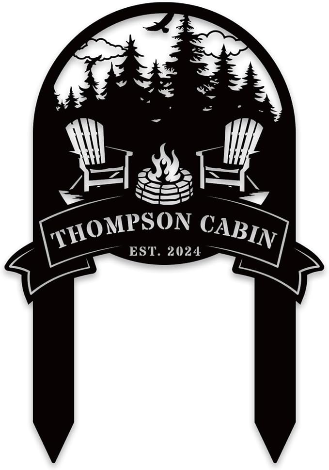 Personalized Family Name Firepit Scene Sign with Yard Stake, Rustic Personalized Camping Decor