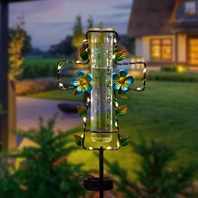 Solar Rain Gauge Outdoor with LED Lights,7” Glass Tube Rain Gauge Yard Decorative,Cross Rain Guage Freeze Proof for Garden Patio Lawn