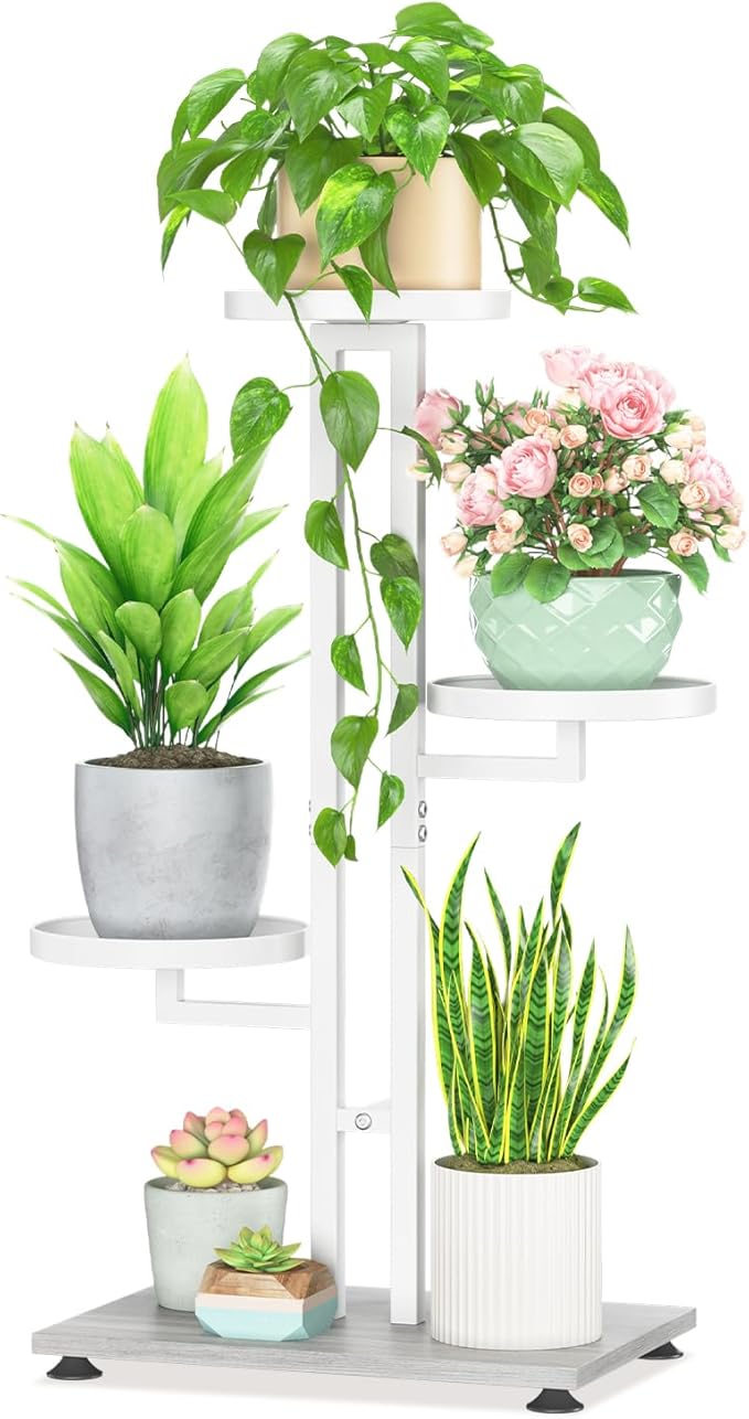 LASZOLA White 3 Tiered Plant Stand Indoors Heavy Duty Metal Rack, Sturdy Multi Level Shleving Hold Flowers, Larger House Decorate Ladder for Planting Inside Tree Herb Cactus, Wooden Base, Space Saving