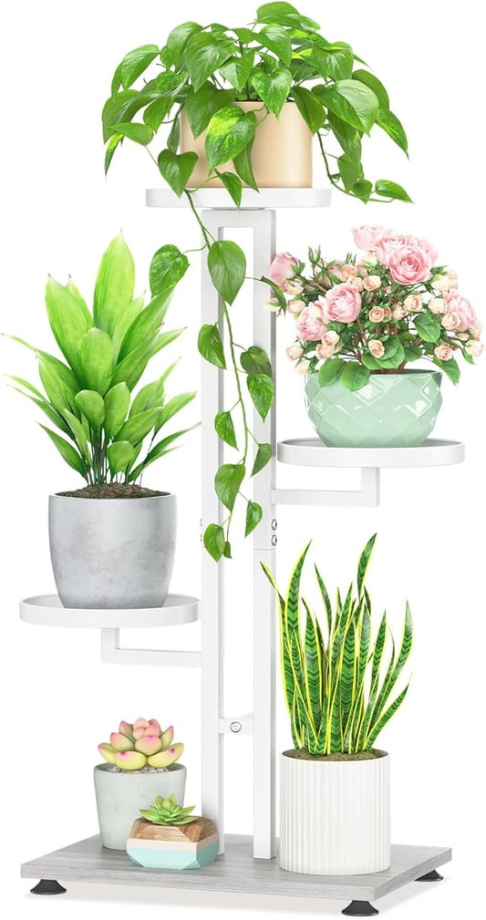 LASZOLA White 3 Tiered Plant Stand Indoors Heavy Duty Metal Rack, Sturdy Multi Level Shleving Hold Flowers, Larger House Decorate Ladder for Planting Inside Tree Herb Cactus, Wooden Base, Space Saving