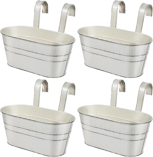 OBTANIM 4 Pack Metal Hanging Flower Pots Iron Railing Planter Outdoor Fence Hanging Pots Bucket Plant Holder with Detachable Hooks Drain Holes for Home Garden Yard Decor (White)