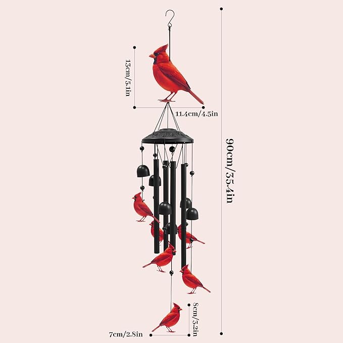 Cardinal Wind Chimes for Outside, Black Metal Windchimes Outdoors, Cardinals Gifts for Women/Men, Garden/Yard Decor, Memorial/Birthday Gifts for Grandma/Mom, Durable Chimes for Outdoors