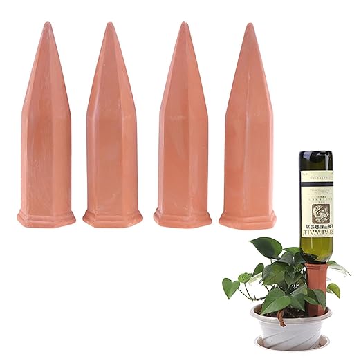 SagaSave Ceramic Plant Watering Devices 4 Pack Terracotta Vacation Plant Waterer Wine Bottle Watering Stakes Slow Release Plant Watering Spikes Perfect Self Watering Devices for Indoor Outdoor Plants