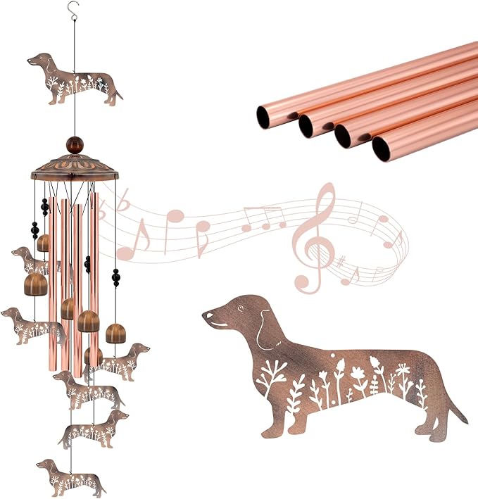 Dachshund Wind Chimes for Outside, Metal Wiener Dog Gifts for Women/Men, Doxie Mom Birthday Memorial Windchimes Outdoors, Funny Dog Lover Garden Decor for Patio Yard, Durable Pet Loss Sympathy Gift