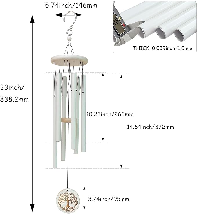 Tree of Life Wind Chimes Outdoor Clearance WindChimes for Loss of Loved One,33" Memorial/Sympathy Gifts for Friend/Mother/Father,Wind Chimes for Outside Garden,Home,Yard Decor(White)