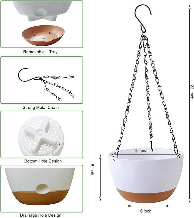 2 Pack 10 Inch Hanging Planters for Indoor Outdoor Plants, Plastic Hanging Basket Flower Plant Pots, Plant Self Watering Pot with Drainage Holes and Saucers for Garden Home (Beige)